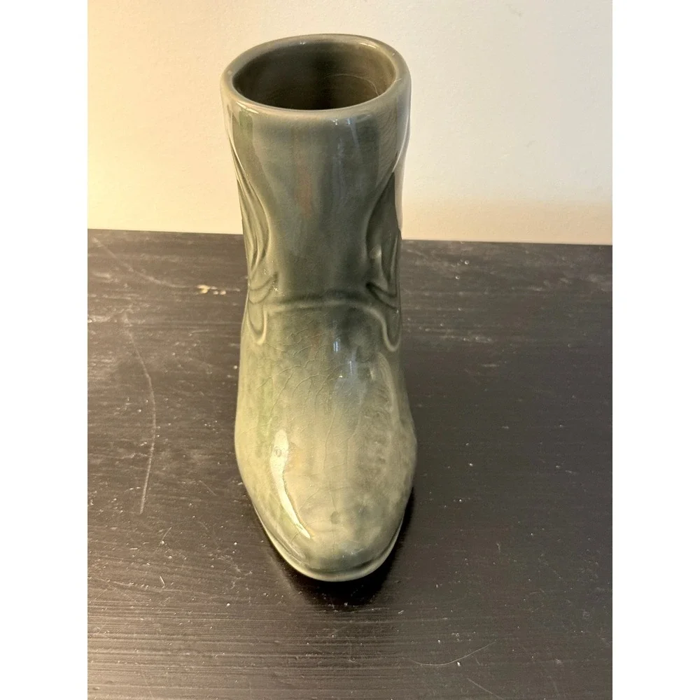 Vintage Ceramic Cowboy Boot Vase Sage Green Western Southwestern Decor